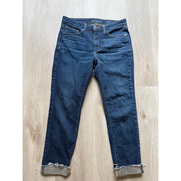Spanx Jeans, Dark Denim, Women's size 28, Slim X Skinny, Raw Hem - Picture 1 of 7